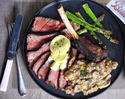 Champion Steak with Creamy Mushrooms, Asparagus & Compound Butter - Serves two